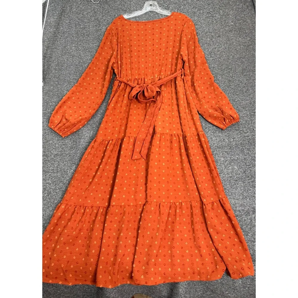 Shein Womens Sz M Rust Orange Long Sleeve Maxi Dress Swiss Dot Belted Tiered - Picture 5 of 11